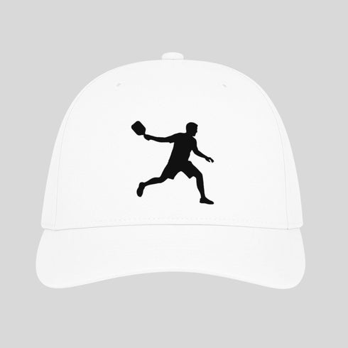 White cap with black silhouette of a person playing baseball on a gray background